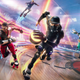 A group of people roller skate around a ring while chasing after a man in black armor carrying a glowing ball.